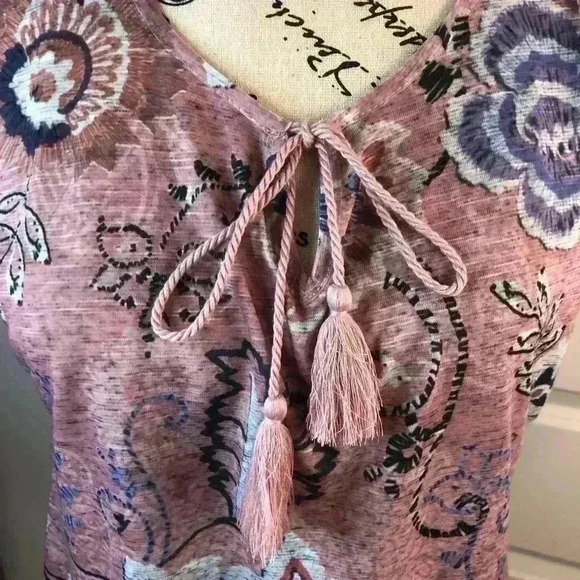 Style & Co Womens Medium blouse Pink and Blue Peasant Blouse Linen blend S/S - Picture 2 of 5